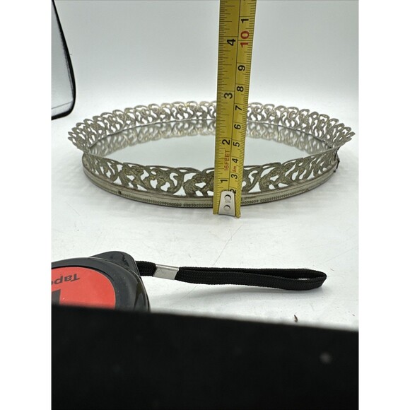 Vanity Mirrored Tray Gold Filigree Round Dresser Perfume Makeup Mirror 10 Inches - Picture 11 of 11